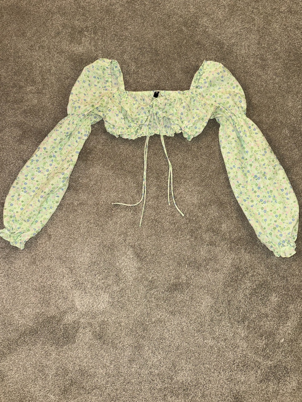 Divided Light Green Floral Puff-Sleeve Cropped Blouse
